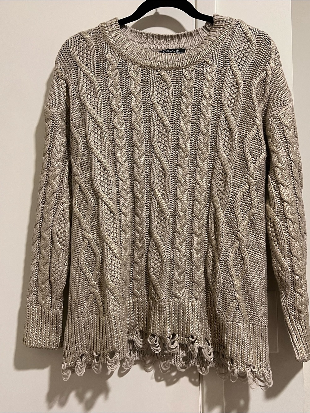 CHARLIE B Beige Cable Knit Crew Sweater with Loop-Hem